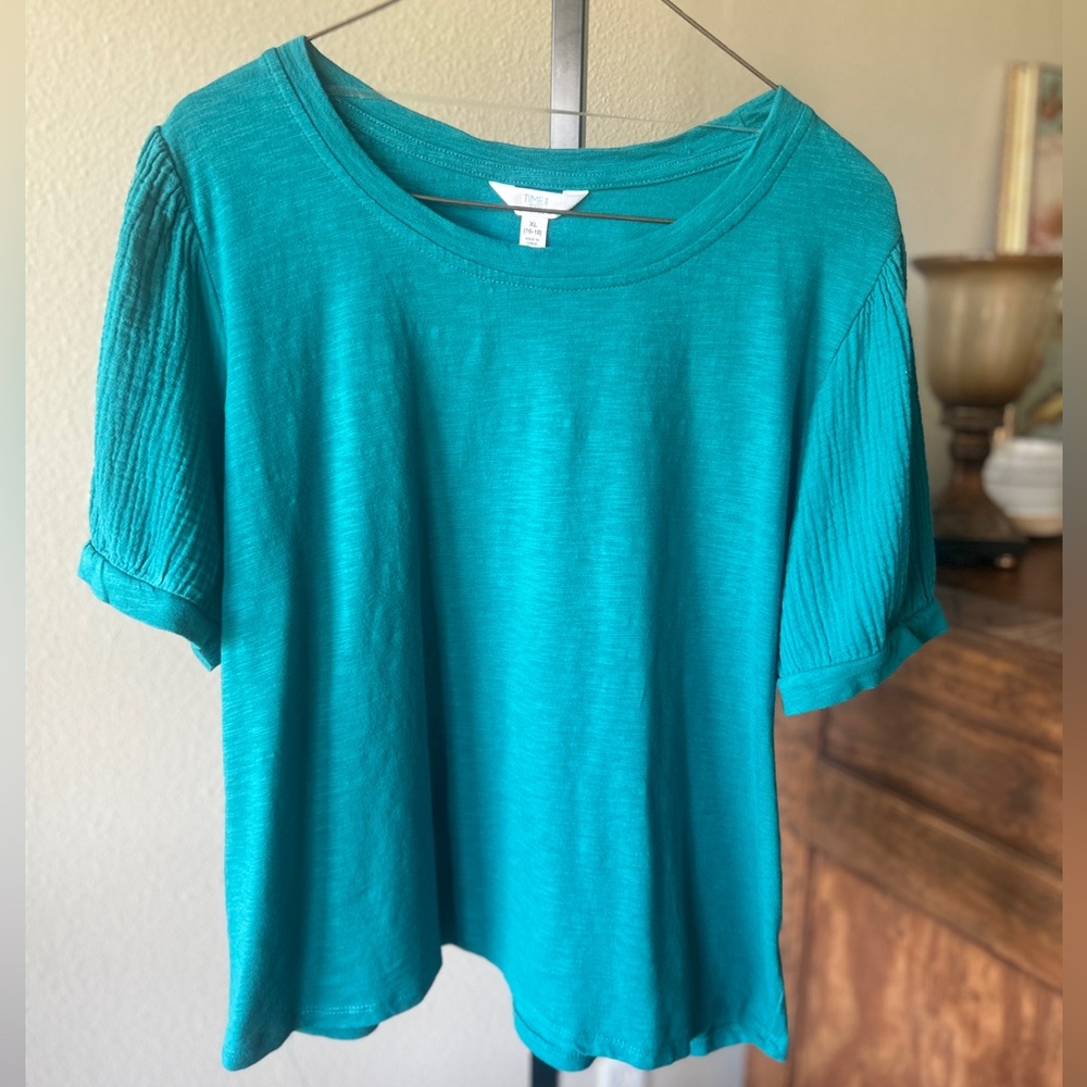 Time and Tru Women’s Teal Textured Puff Sleeve Knit Top XL 16-18